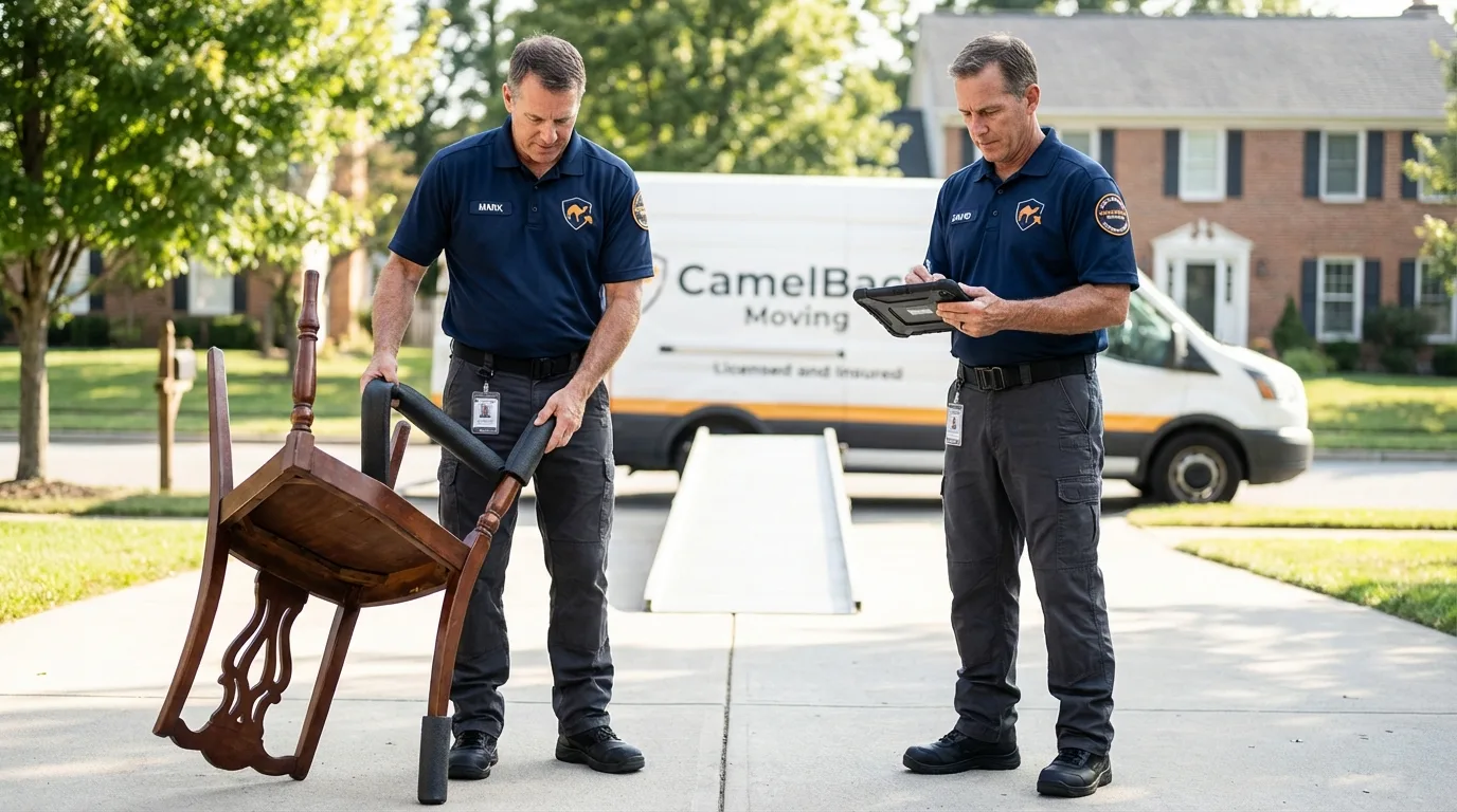 Movers inspecting furniture for damage prevention before loading in North Hero, VT