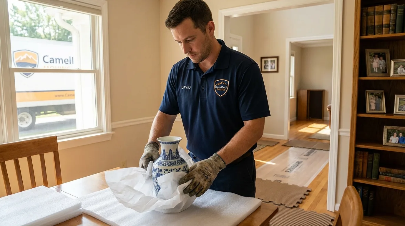 Professional crew carefully wrapping antique vase for senior downsizing move in North Hero, VT